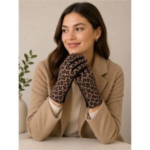 Charter Club Womens Leopard Print Leather Tech Gloves Cashmere Blend Lining L
